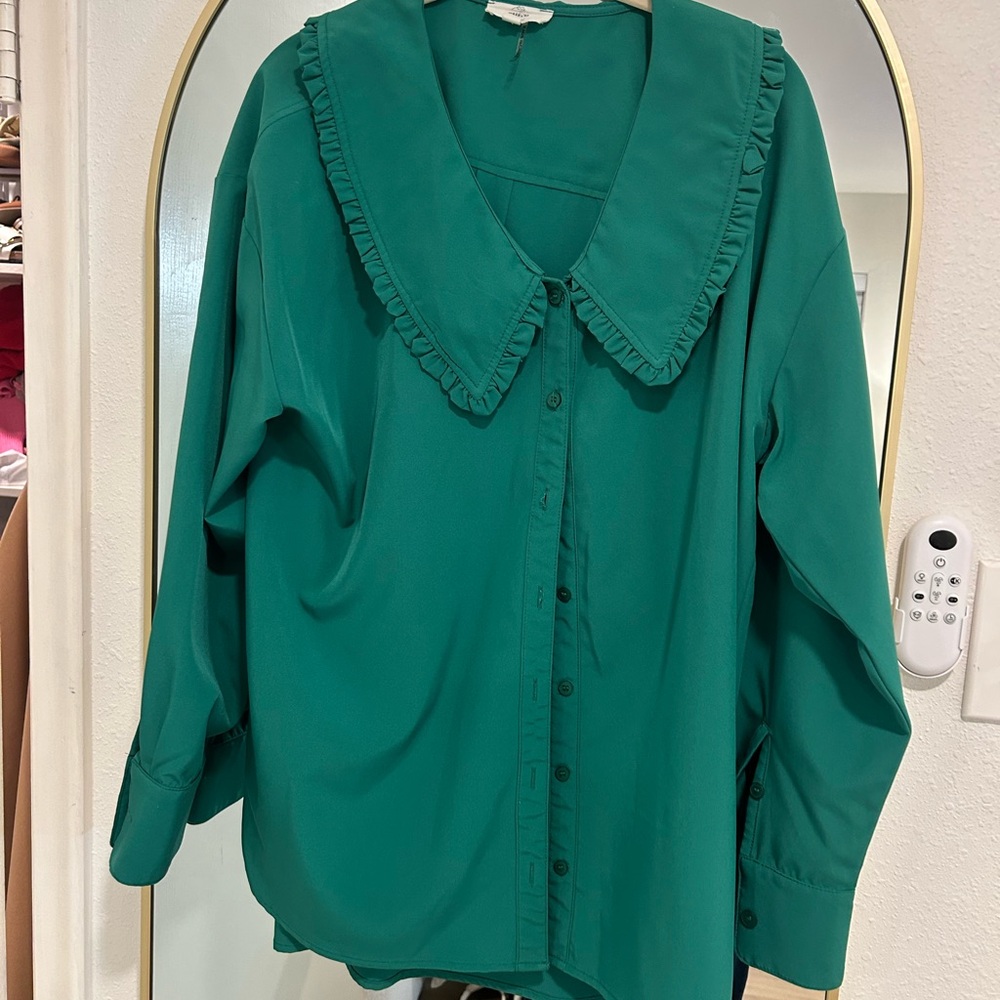 Ina Teal Button Down Shirt with Ruffle Detail